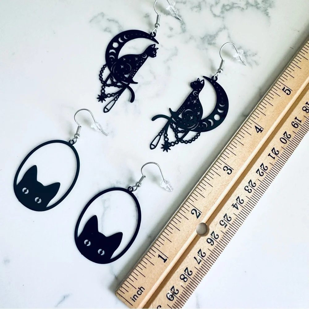 2/$30🌵 Black Cat Peekaboo Crescent Moon Earrings Cutout Spooky Halloween Goth - Picture 5 of 6